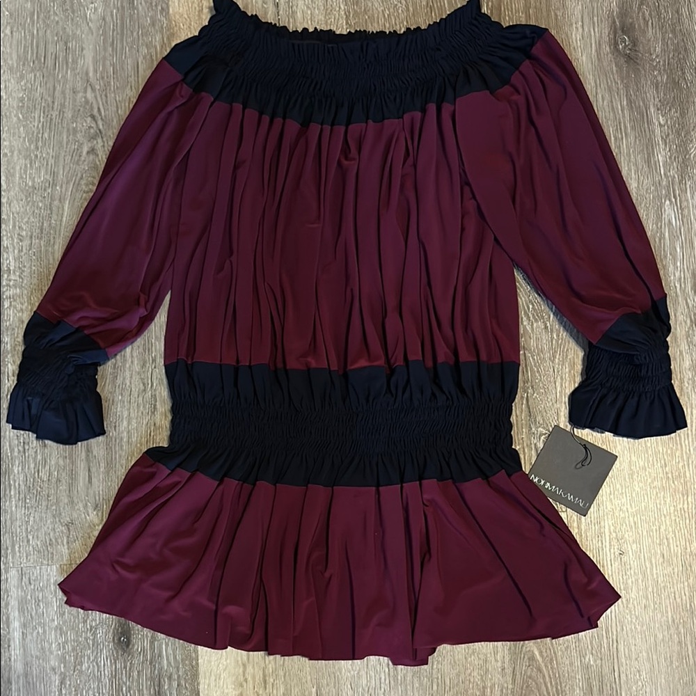 Off-Shoulder Burgundy and Black Smocked Waist Dress